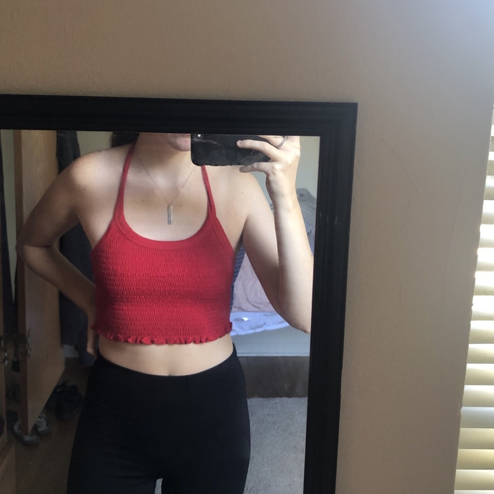 Red rouched halter crop top